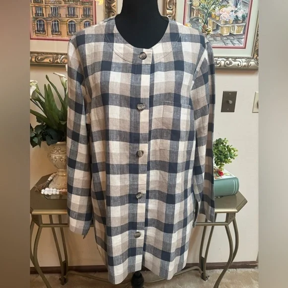 ORVIS 100% IMPORTED LINEN CASUAL CLASSIC BLUE&TAN PLAID BLAZER JACKET SZ 14 - Picture 3 of 14